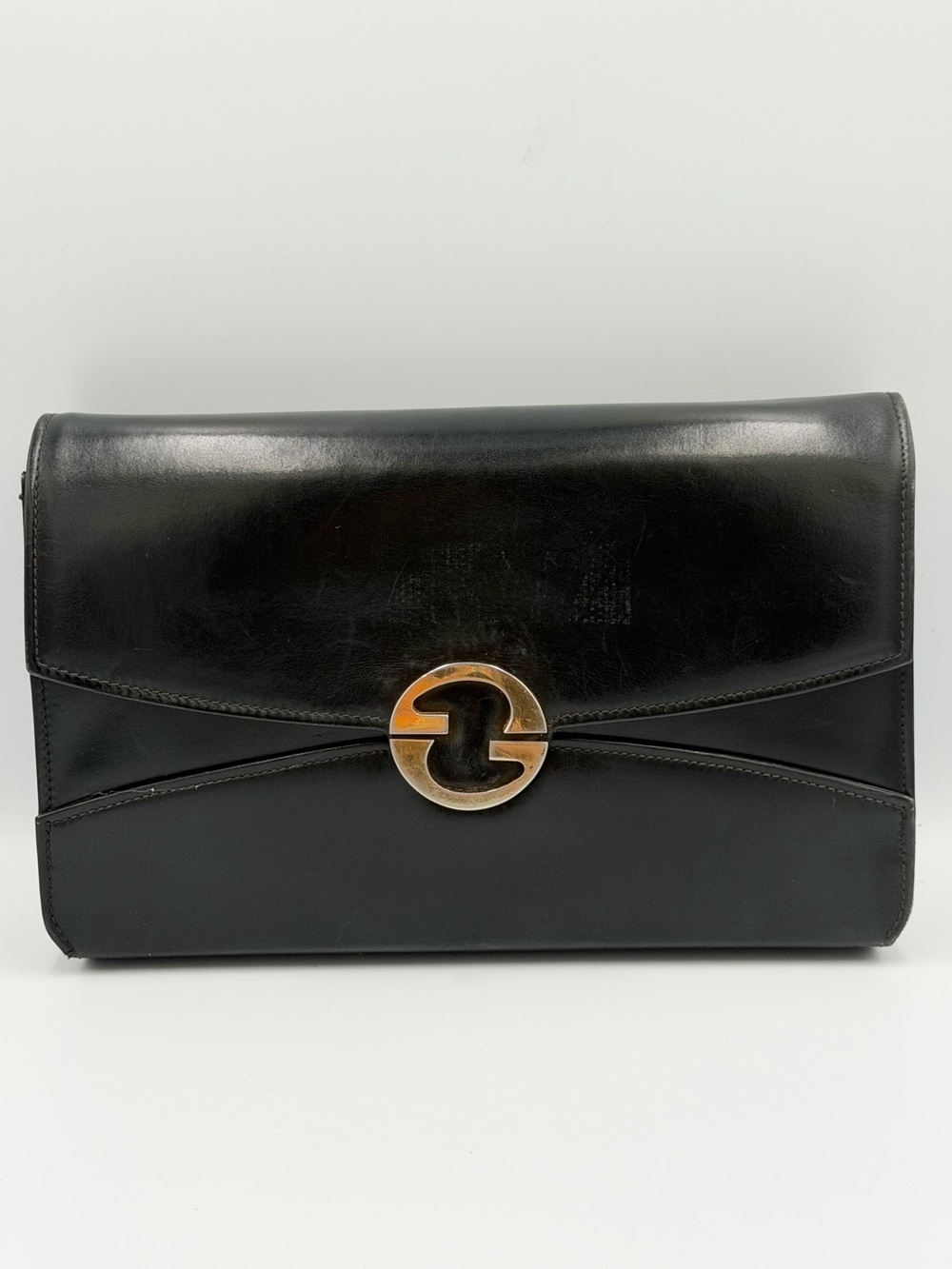 Gucci 1970’s Vintage Black Leather Clutch/Crossbody with Gold Double GG Accent